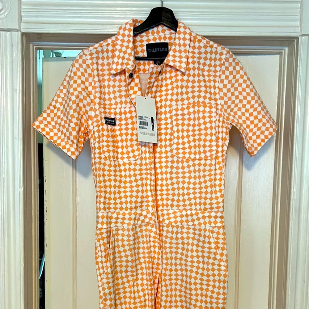 Wildfang Rare Peach and White Checkered Jumpsuit